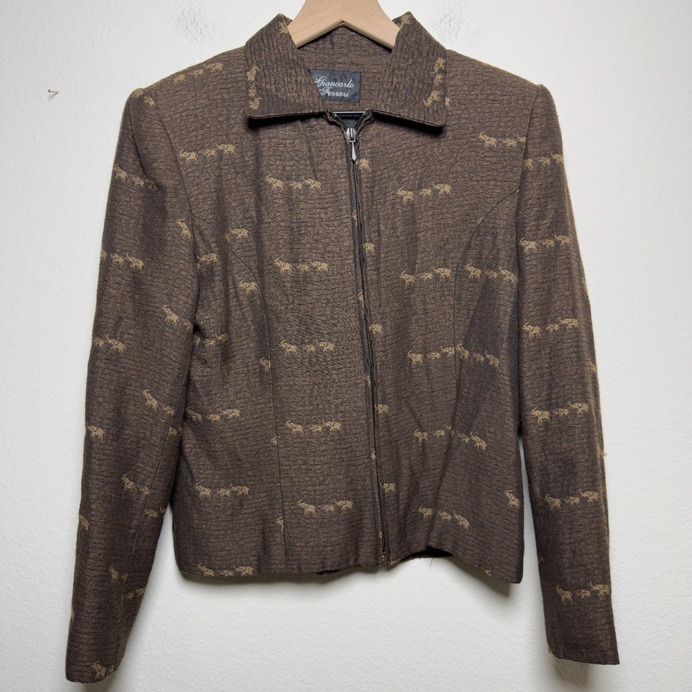 VTG 90s‎ Giancarlo Ferrari Women Jacket Medium Chocolate Brown Novelty Elephant